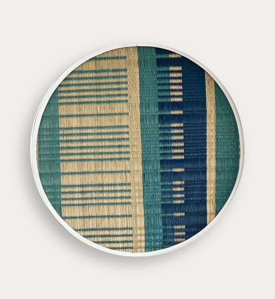 Turquoise Reed and white frame artwork 60 cmDia